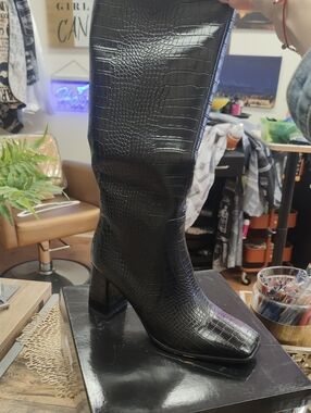 Black Croc-Embossed Knee-High Block Heel Boot